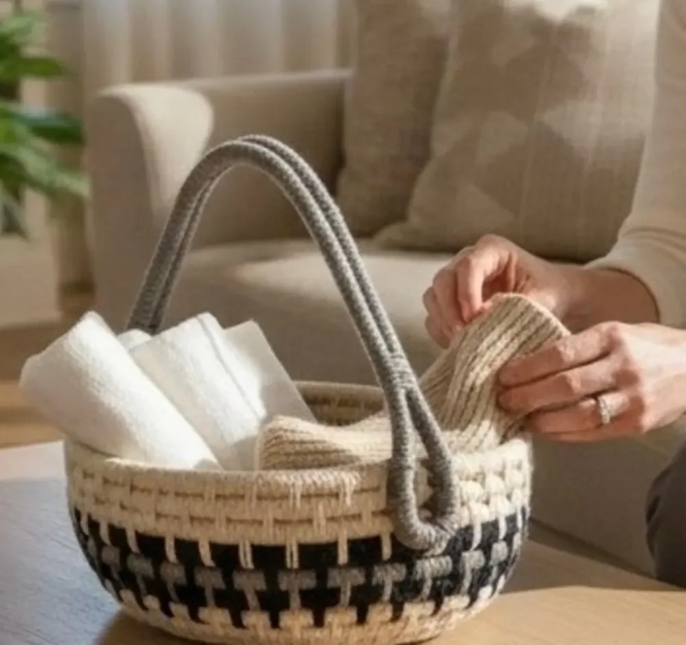 Decorative Coil Yarn Round Basket with Handle 12